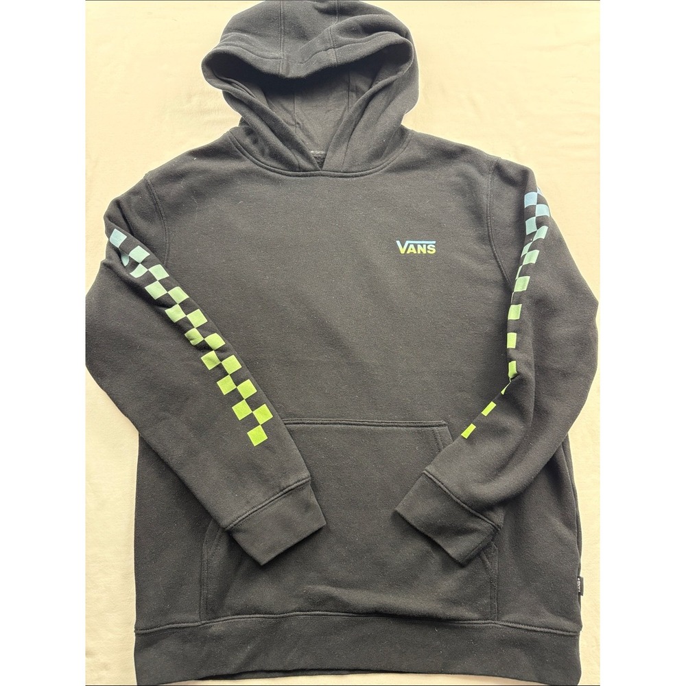 Vans Hoodie Kids XL Black Checkerboard Sleeve Pullover Sweatshirt Off The Wall